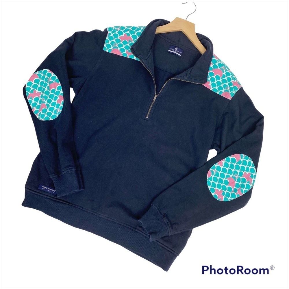 SIMPLY SOUTHERN Navy Blue Quarter Zip Contrast Fish Scale Elbow Patch Pullover